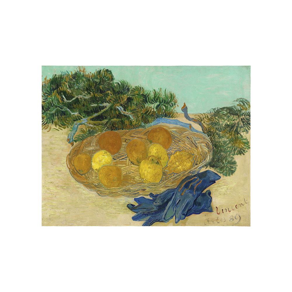 Still life of oranges and lemons with blue gloves